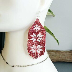 BOGO EARRINGS Large Holiday Beaded Fringe Cascade Dangle, Snowflakes